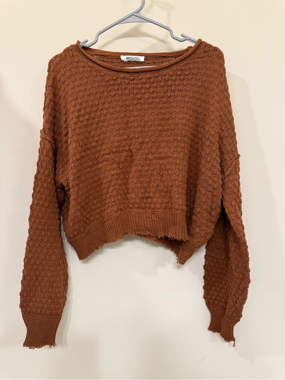 Double Zero Cropped Textured Crew Sweater - Rust Brown